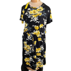 NWT Simier Fariry Womens XL Black Yellow White Floral Dress Elastic Waist Casual